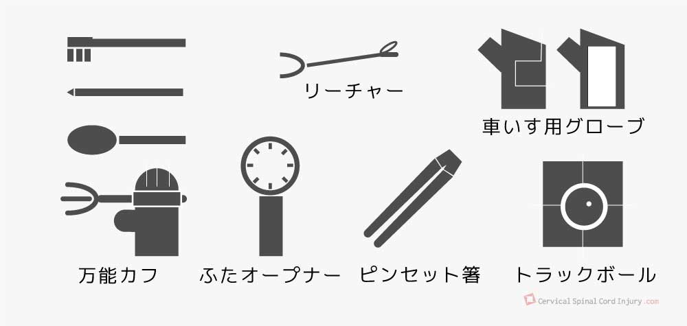 万能カフ・リーチャー・オープナーその他の自助具